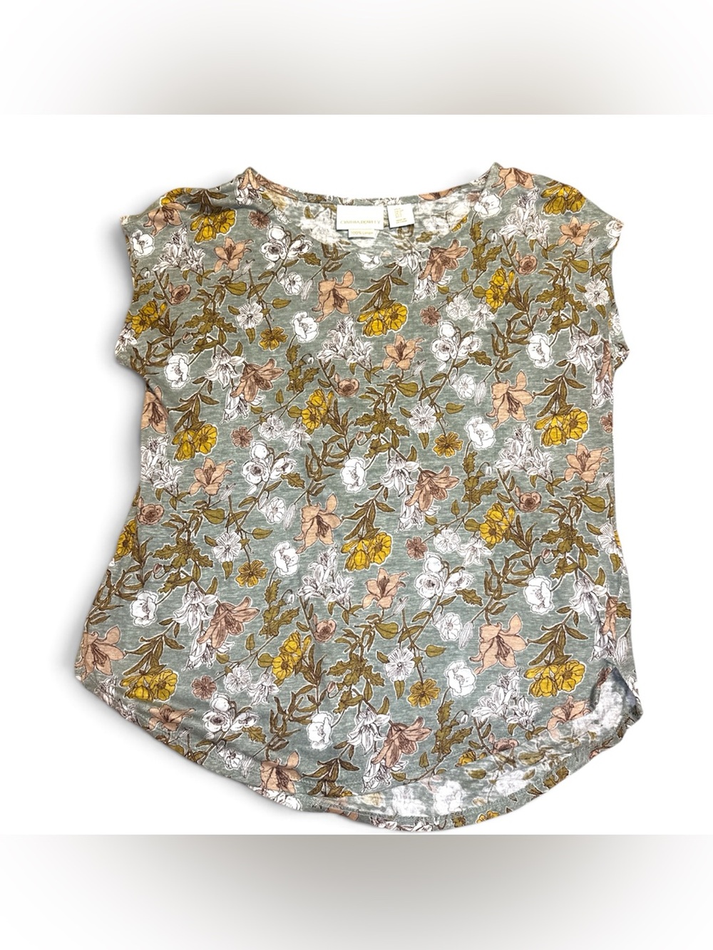 Cynthia Rowley Sage Green Floral Cap-Sleeve Tee